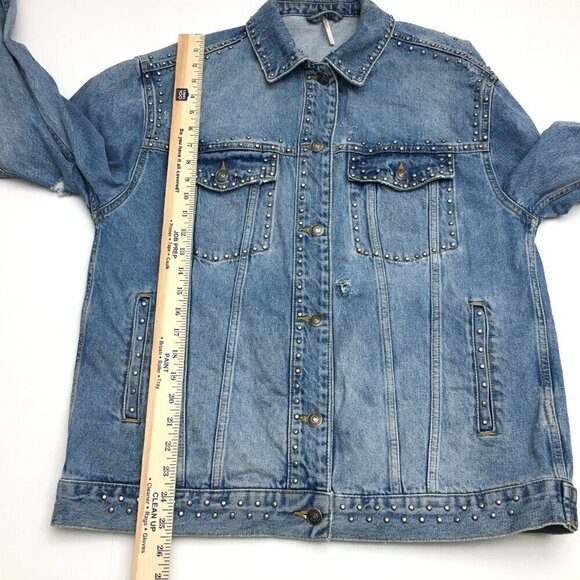 Free People Women's Denim Jean Jacket Studded Oversized Trucker Distressed M - Picture 8 of 12